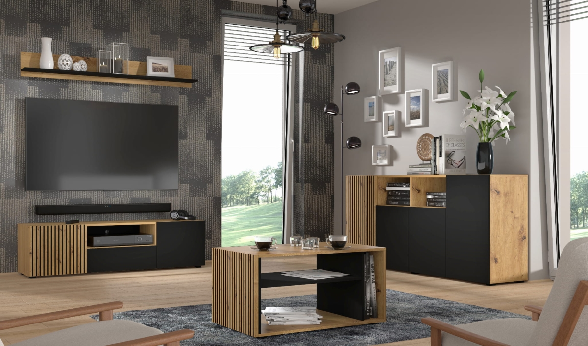 Komoda Auris 4D 180 cm dąb artisan czarny mat