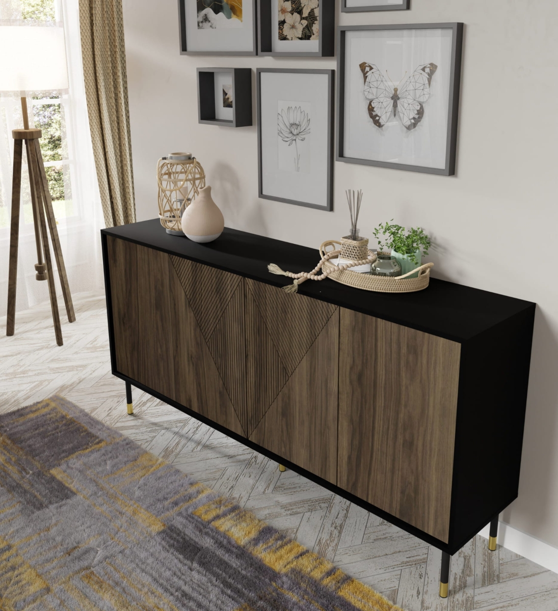 Komoda Woody 4D 180 czarny mat / orzech pacyfik