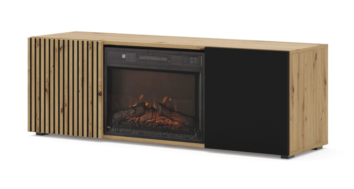 Szafka RTV Auris 150 cm z kominkiem dąb artisan czarny mat