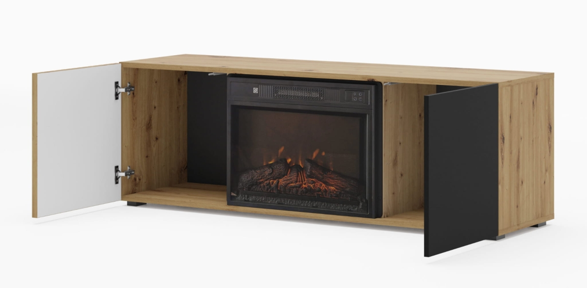 Szafka RTV Auris 150 cm z kominkiem dąb artisan czarny mat