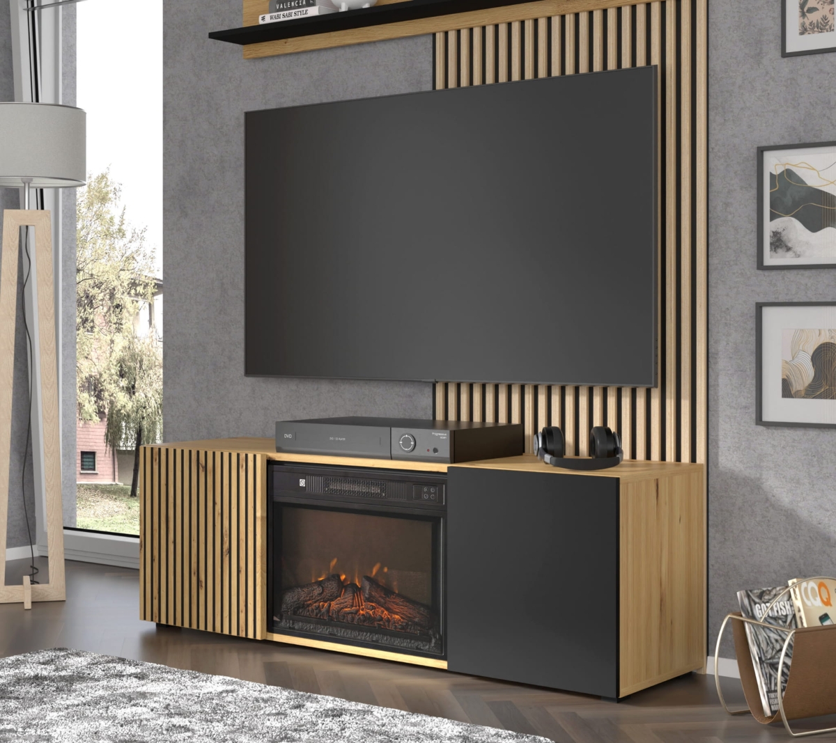 Szafka RTV Auris 150 cm z kominkiem dąb artisan czarny mat