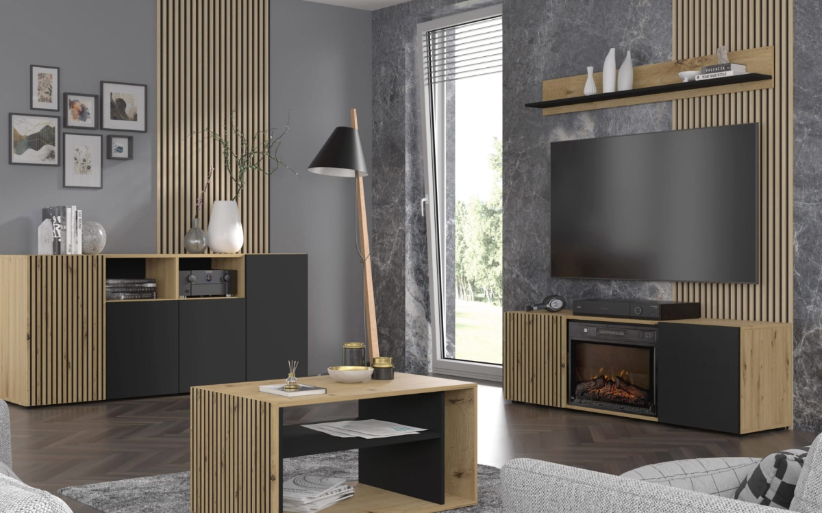 Szafka RTV Auris 150 cm z kominkiem dąb artisan czarny mat
