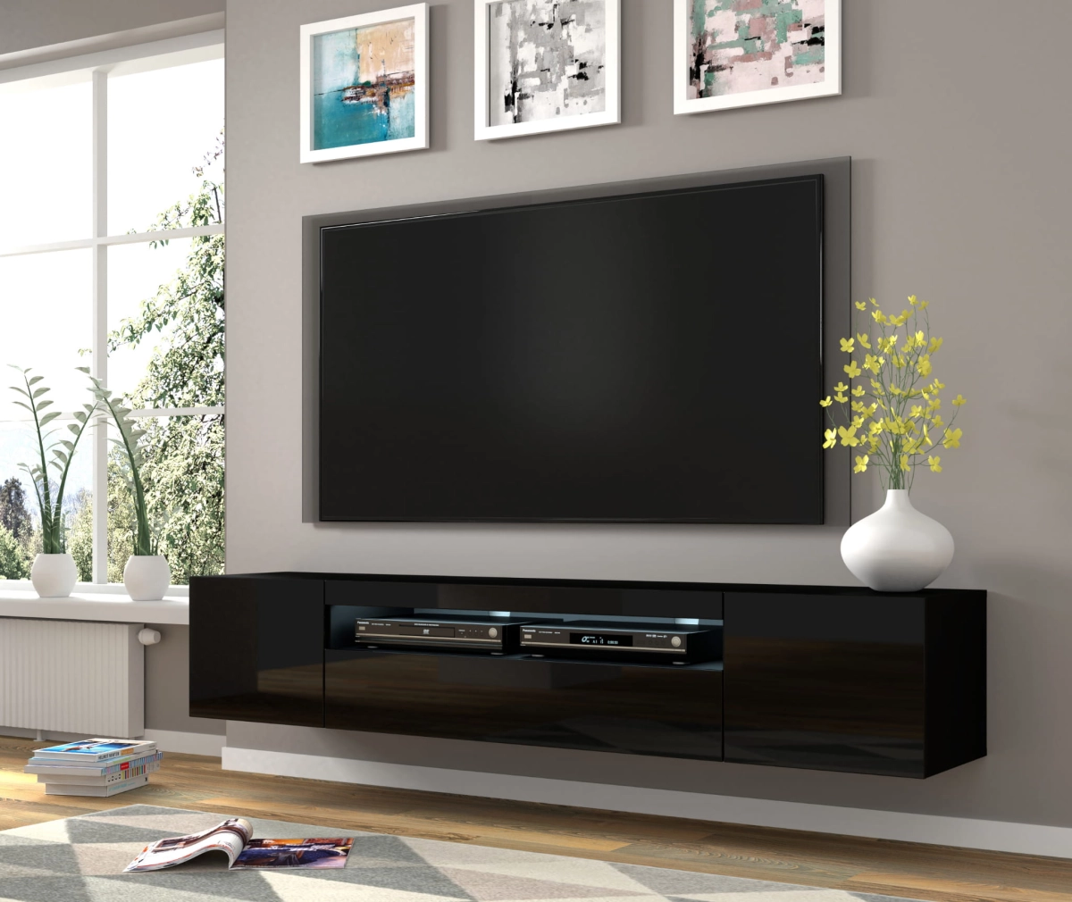 Szafka RTV Aura 200 cm uniwersalna wisząca stojąca czarny połysk