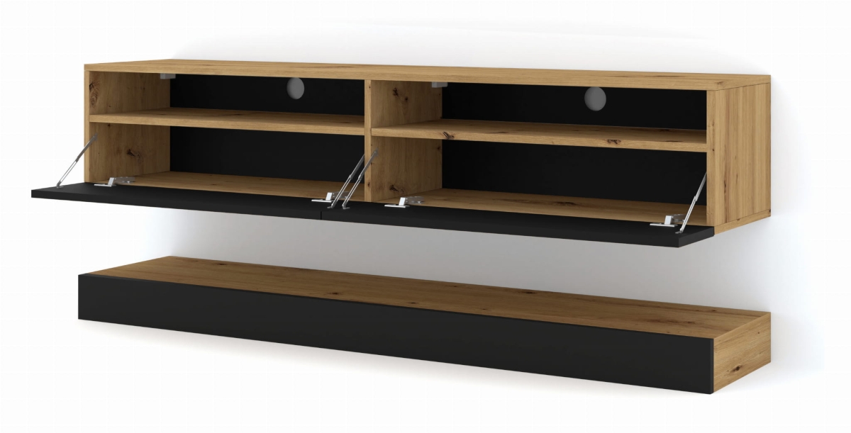 Szafka RTV DUO 160 cm wisząca + panel dąb artisan / czarny mat (*opcja LED)