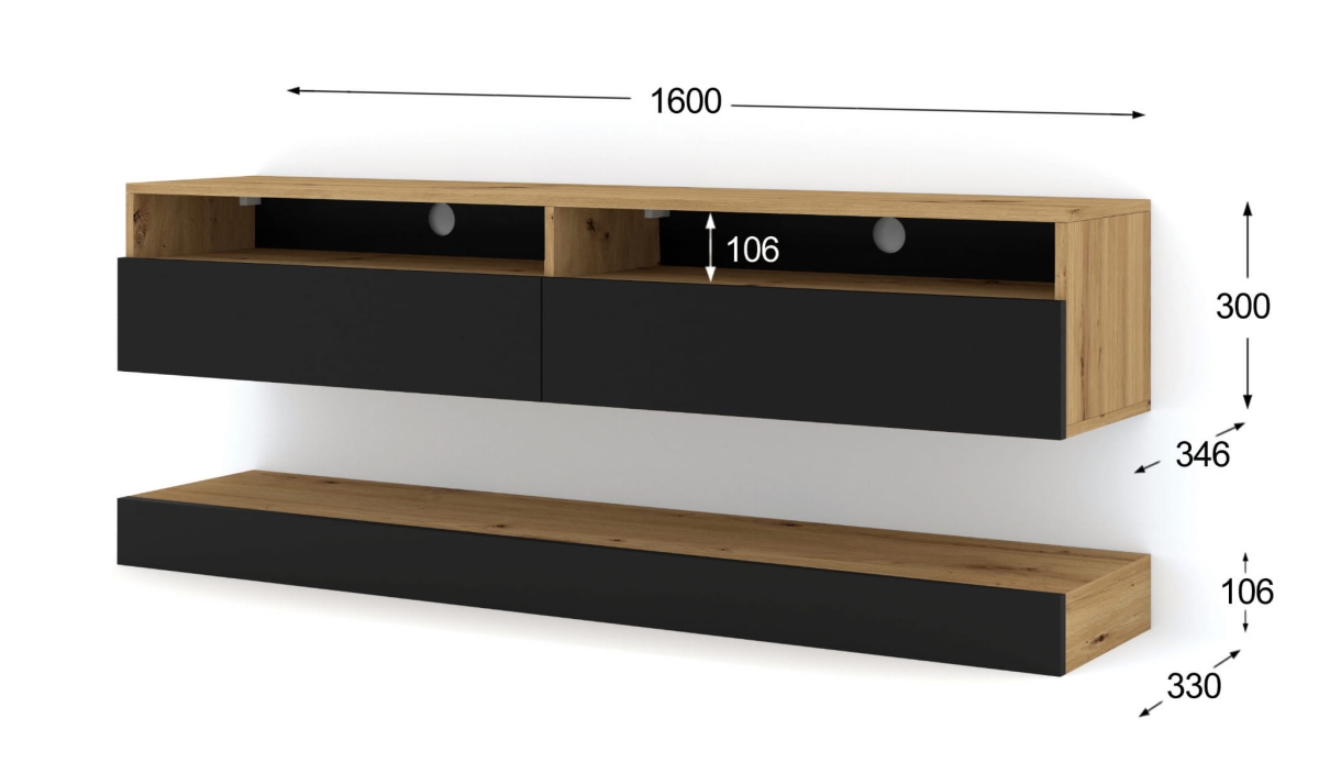 Szafka RTV DUO 160 cm wisząca + panel dąb artisan / czarny mat (*opcja LED)